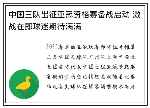 中国三队出征亚冠资格赛备战启动 激战在即球迷期待满满